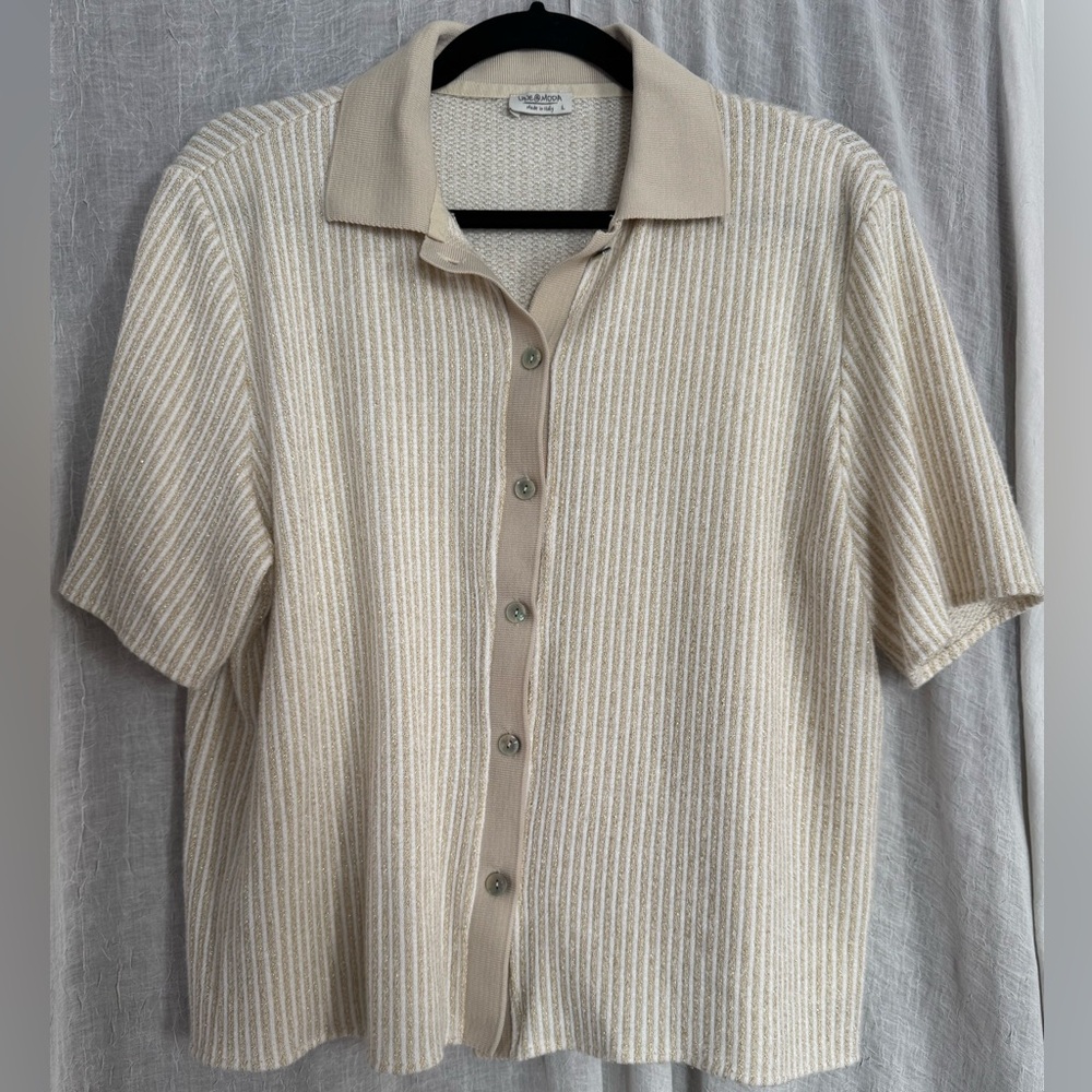 Linea Moda Italy beige button-down knit w glitter thread Sz L EUC